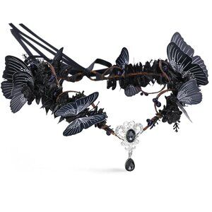 Dark Fairy Crown Black Butterfly Headpiece Elf Tiara Wedding Costume Accessory